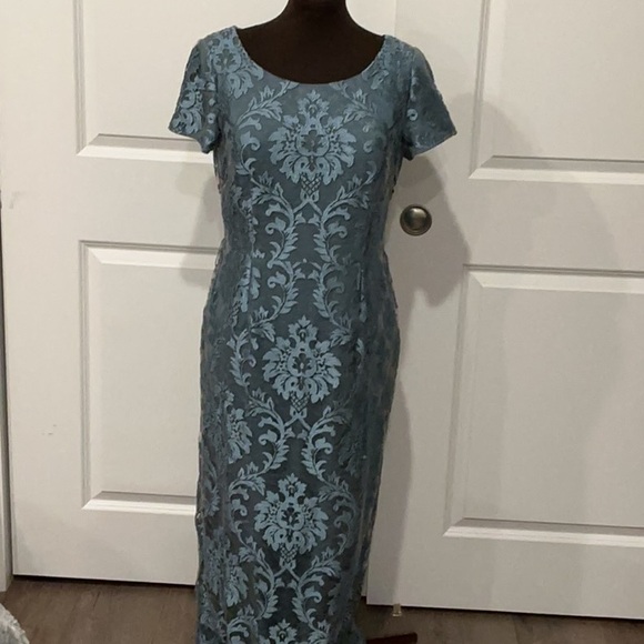 Adrianna Papell Blue Lace Floral Short Sleeve Wedding Event Gown Dress Size 10 - Picture 1 of 14